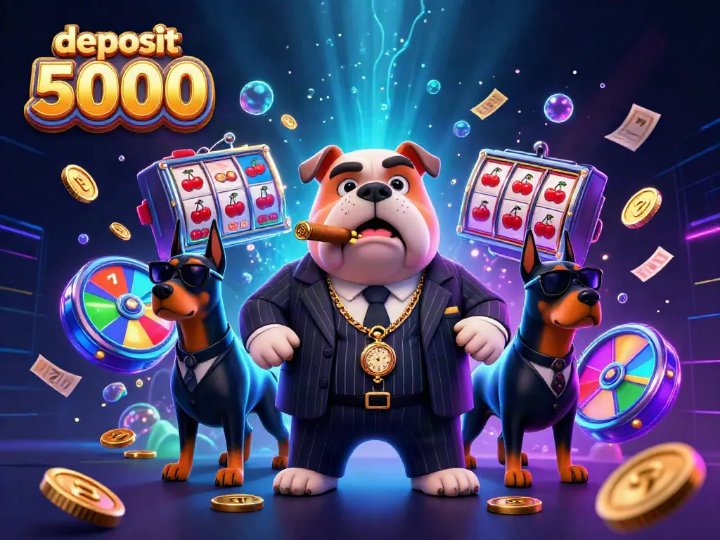 Experience the action with deposit 5000 in this lively slot machine scene featuring a mafia bulldog and playful characters.