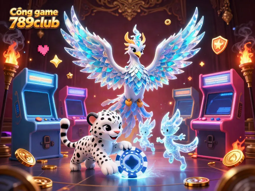 Experience thrilling moments at Cổng game 789club featuring an enchanting scene of an ice phoenix and playful characters.