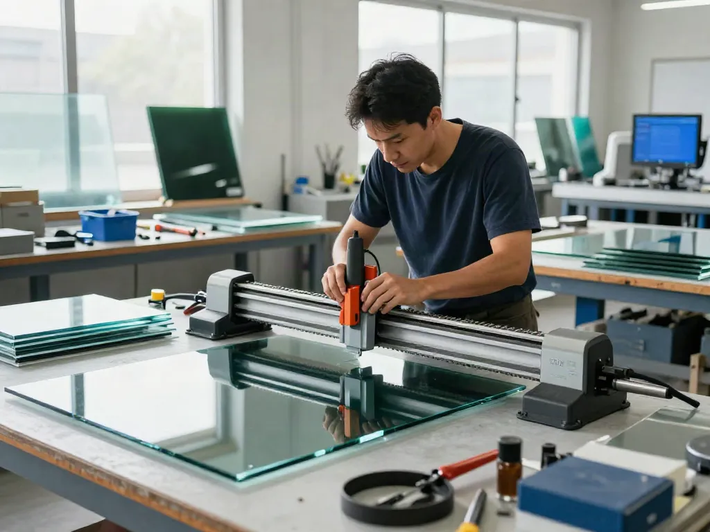 Expert glass cutting machine supplier operating in a well-lit workshop.