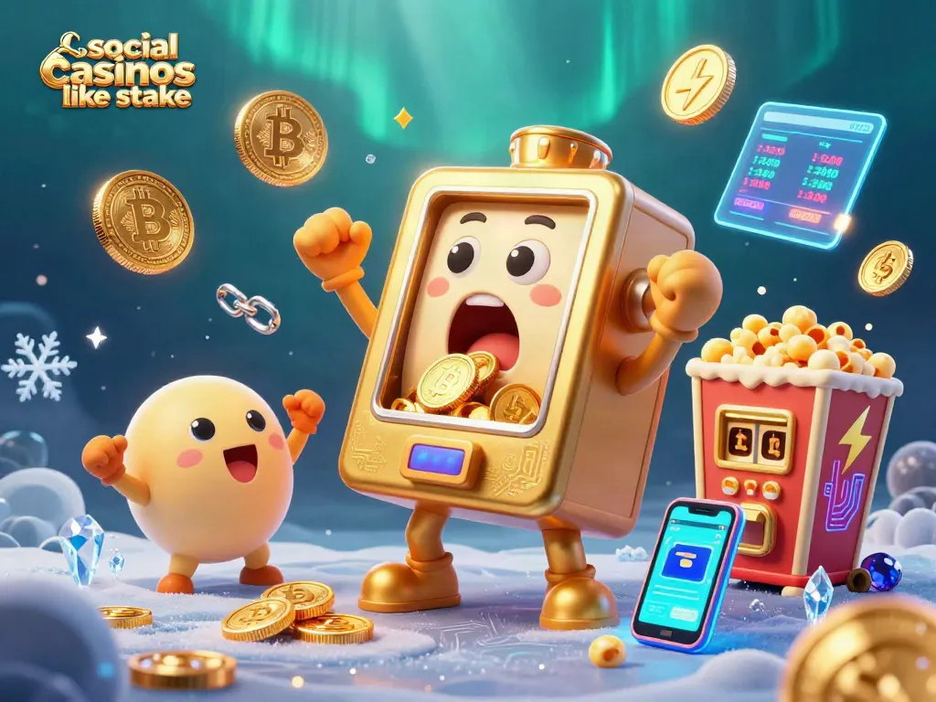 Experience vibrant gameplay at social casinos like Stake, showcasing golden slot machines and cryptocurrencies.