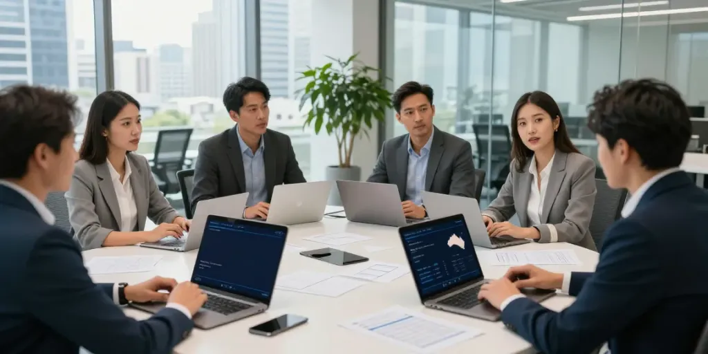 Collaborative team discussing international business expansion into Australia in a modern office.