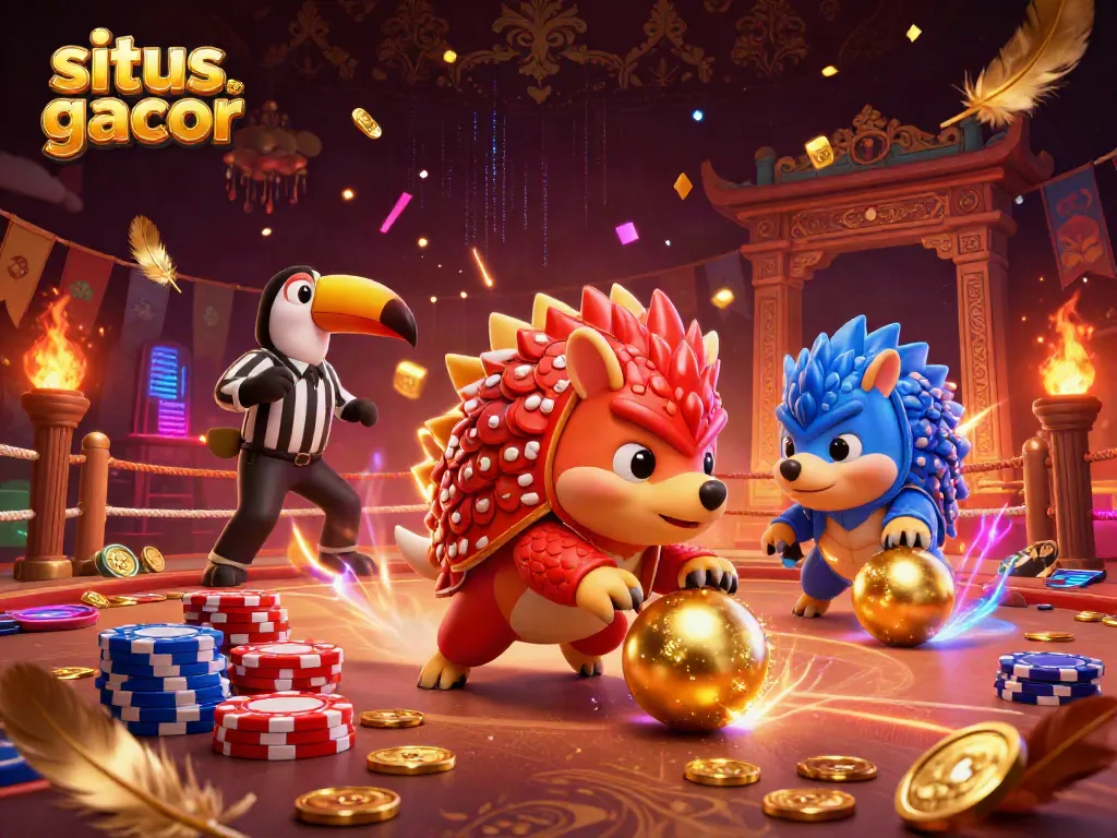 Engaging scene of rival pangolins in armor bowling poker chips, showcasing situs slot gacor at a lively casino.