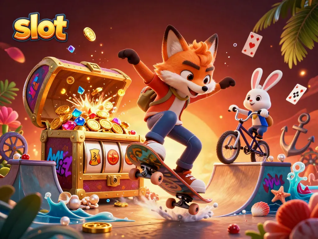 Skateboarder fox and BMX rabbit perform tricks above golden slot machine reels in a vibrant scene.