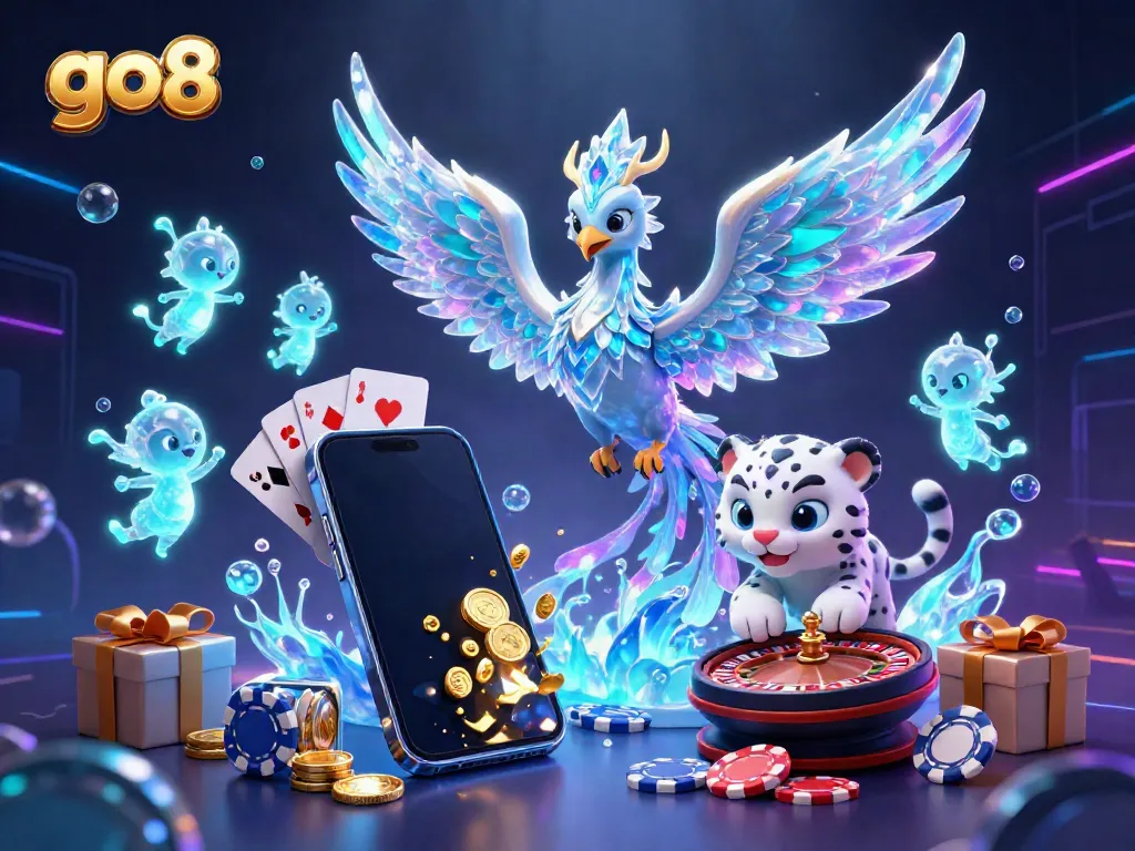 Experience the thrill of go8 gaming with vibrant characters and casino elements in a lively 3D illustration.