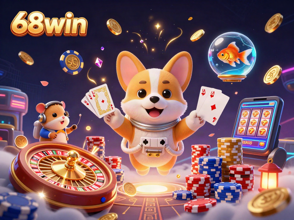 Experience the excitement of 68win in this vibrant 3D casino scene with floating characters and rich game elements.