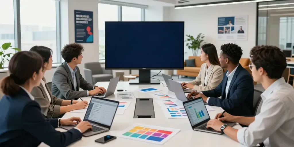 Insurance market news professionals engaging in a collaborative analysis within a modern office setting.