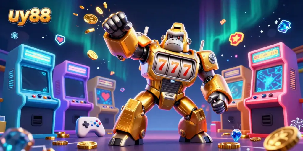 uy88 unleashing excitement with a golden gorilla mech and arcade elements in a vibrant casino scene