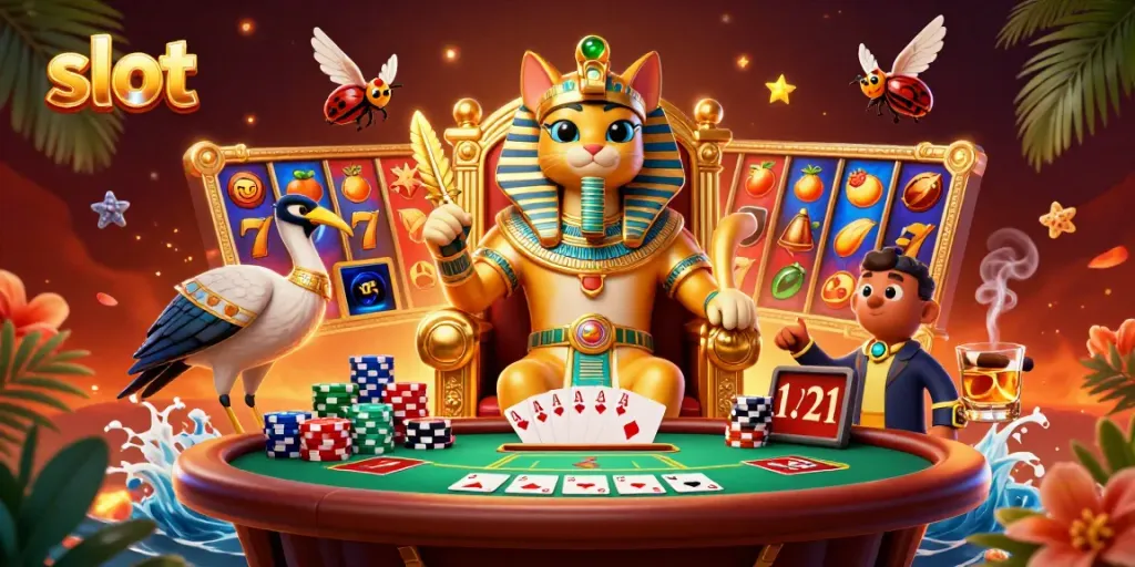 Slot gacor dengan raja kucing Mesir dan permainan mesin slot berwarna-warni yang memikat.