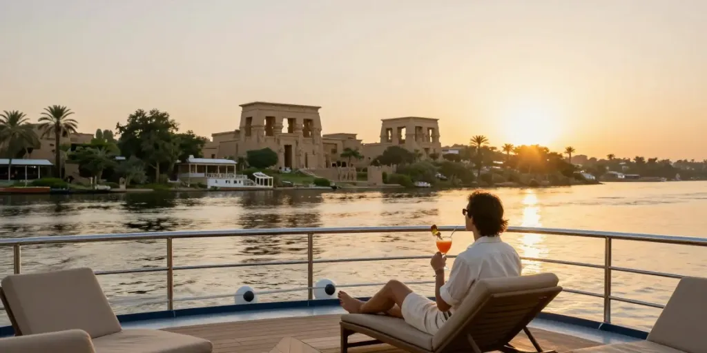 Egypt Nile cruise experience on a luxury boat during sunset with stunning views.