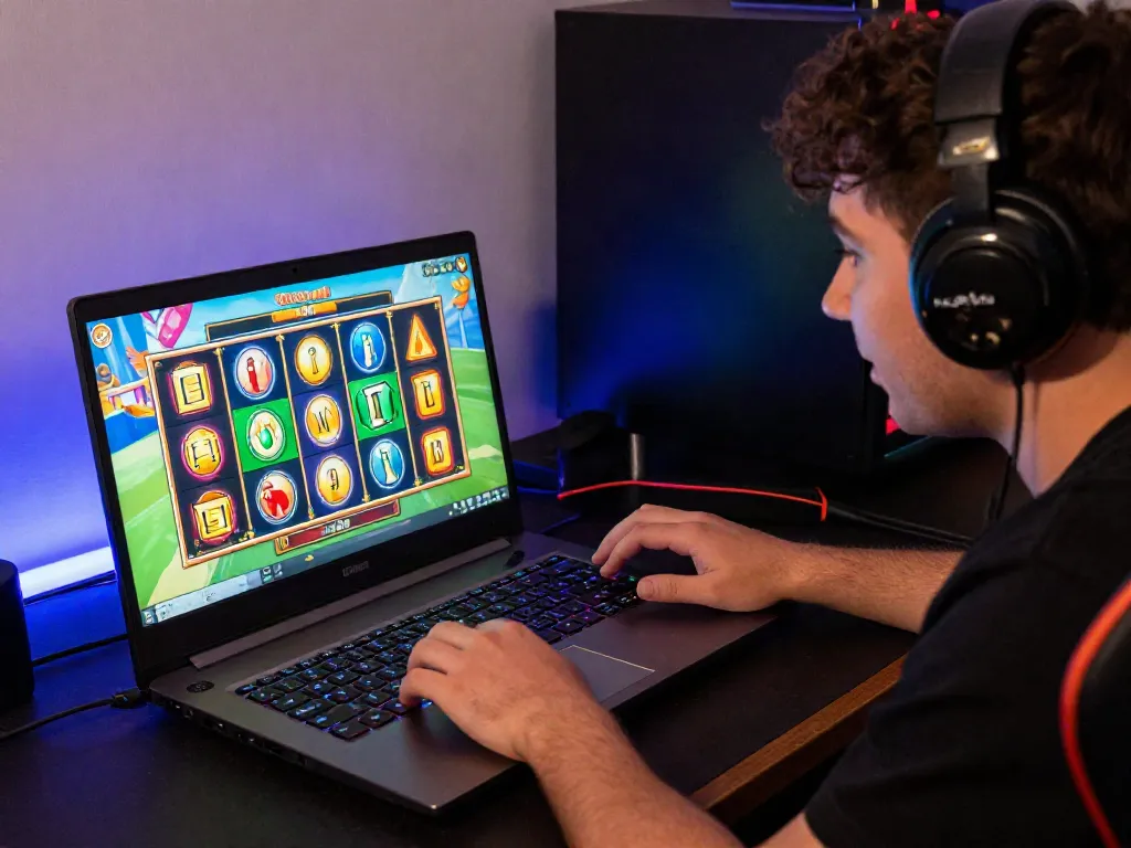 Player enjoying PSGSLOT game on laptop with vibrant visuals and accessories.