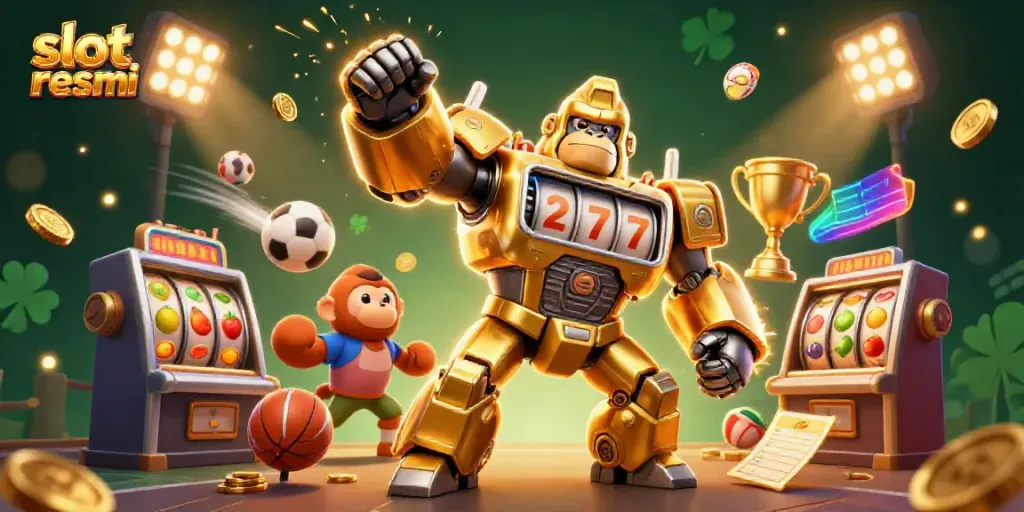 Slot resmi themed 3D illustration featuring a golden gorilla mech with slot machine parts and playful sports elements.