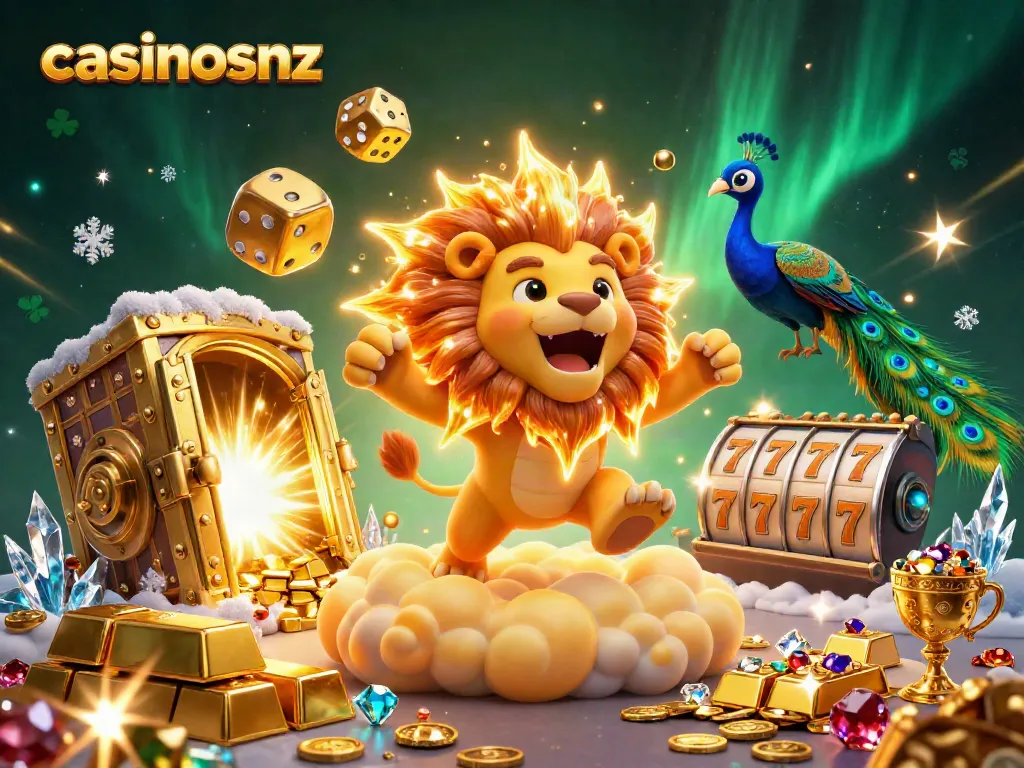 Engage with casinosnz through vibrant casino elements featuring a roaring lion and golden dice.