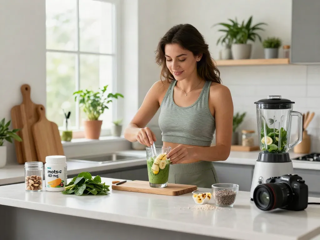 Health-focused kitchen scene with ingredients for a smoothie and mots-c 40 mg supplement on the counter, bright natural light.