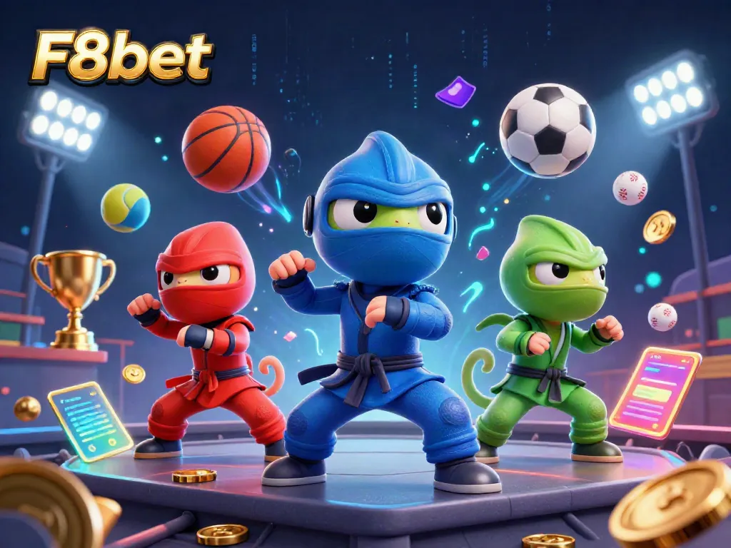 Experience the excitement of F8bet with a vivid casino scene featuring ninja chameleons and flying sports elements.