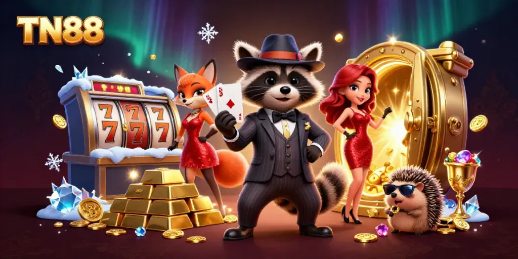 Experience the excitement of TN88 with suave characters in a vibrant casino setting.