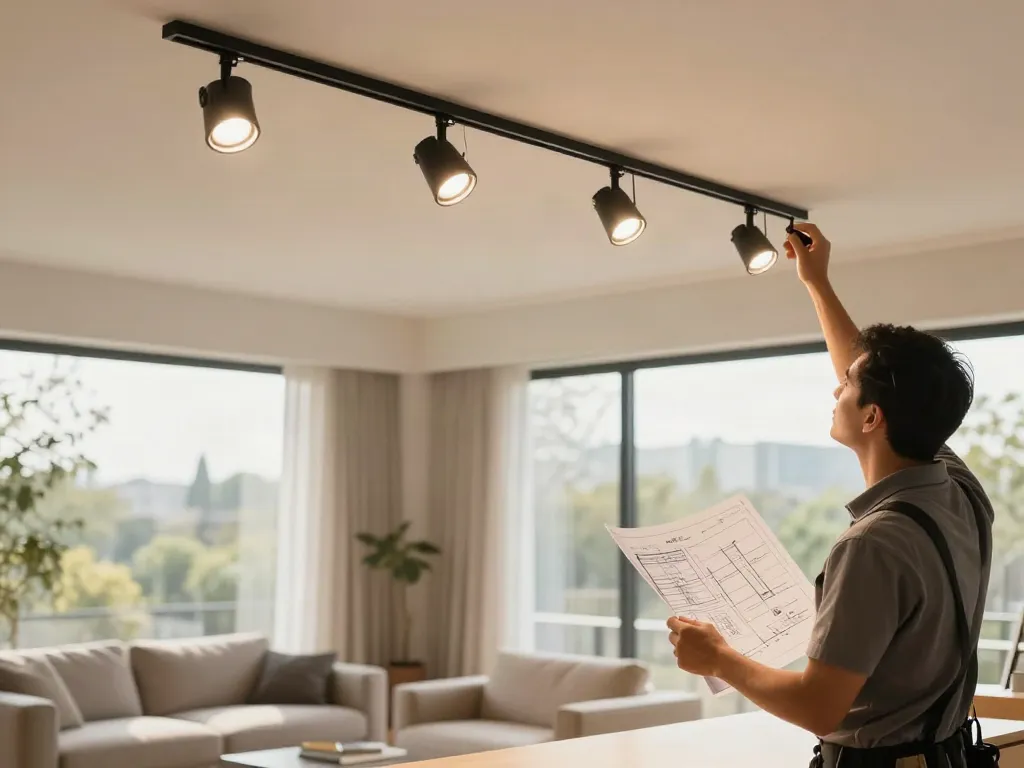 Iluminat cu sina magnetică aplicată, oferind soluții LED profesionale în interiorul unui spațiu modern.