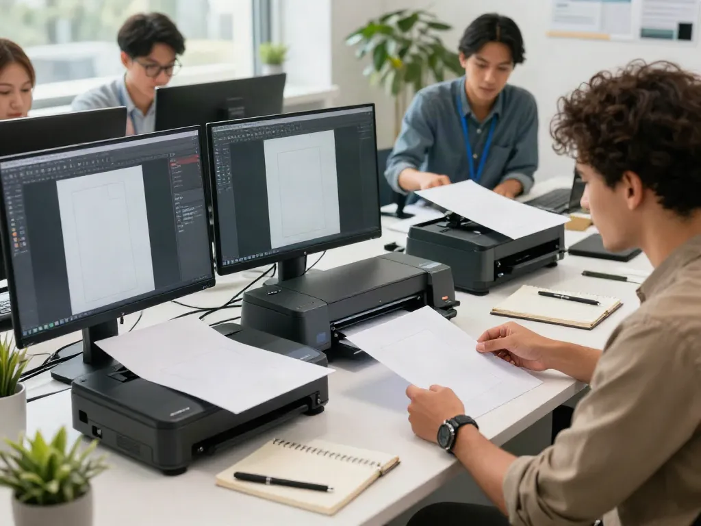 Team collaborating on document scanners in a modern office setting
