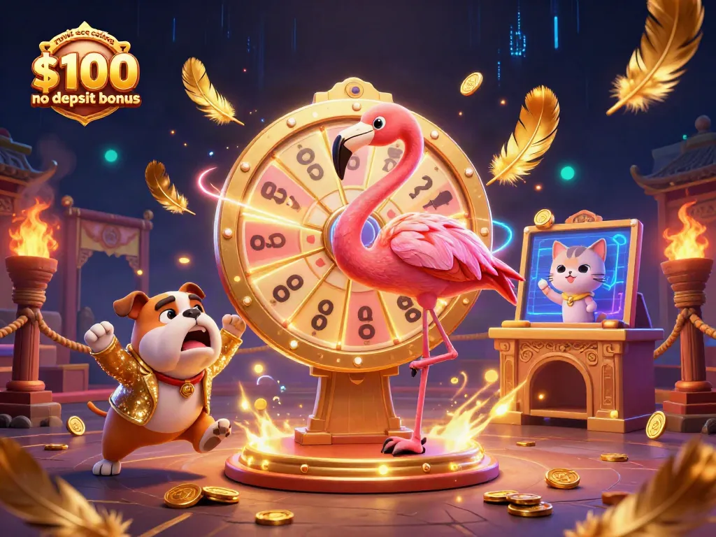 Spin and win at royal ace casino $100 no deposit bonus with dynamic prize wheel, excited bulldog, and colorful elements.