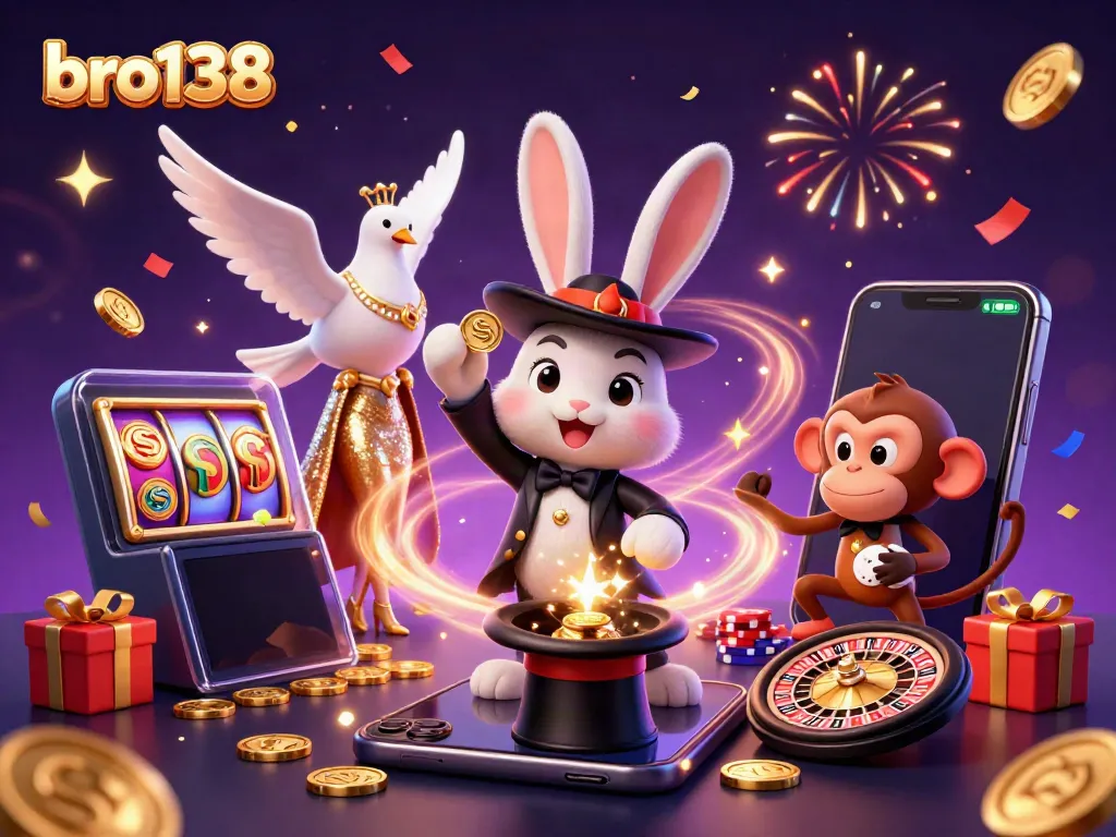 Experience the thrill of a magical scene at bro138 with a magician rabbit, sparkling coins, and vibrant slot games.