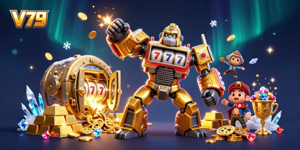 Lập hình ảnh V79 đầy màu sắc với con khỉ phi công trong robot gorilla vàng tại sòng bạc.