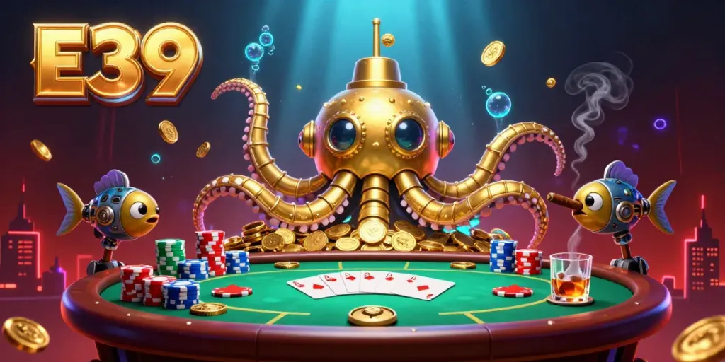 E39 pirate-themed underwater casino scene with a golden kraken and poker elements.