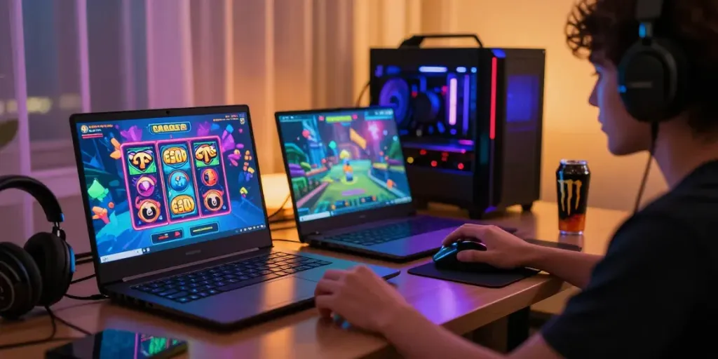Engaging user playing slot gacor game on laptop with vibrant graphics.