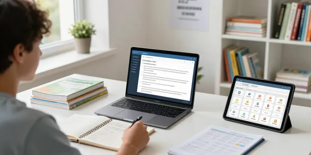 Situs toto online language learning environment with a student using interactive educational tools.