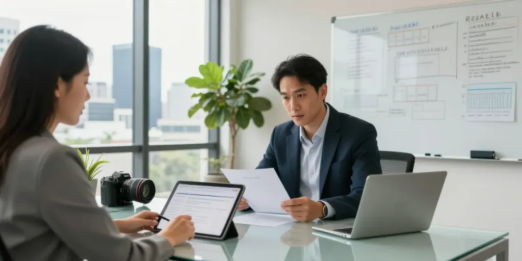 Finance Broker in Brisbane consulting a client with financial documents in a modern office