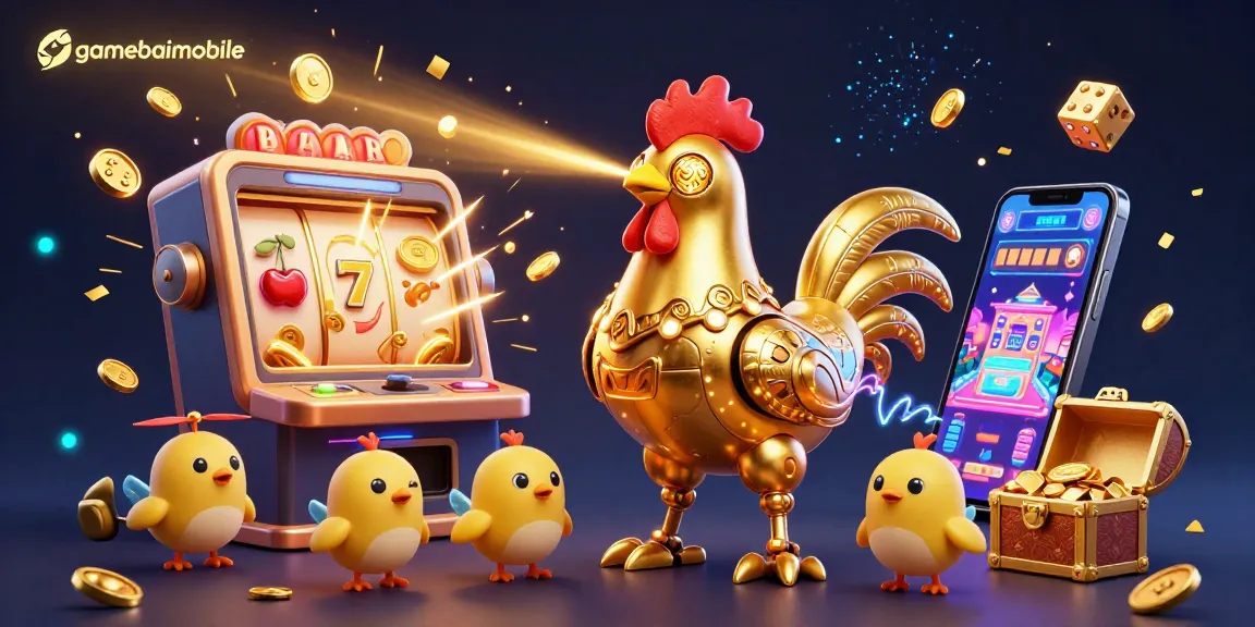Play thrilling games at gamebaimobile with a vibrant depiction of a golden rooster robot and slot machine excitement.