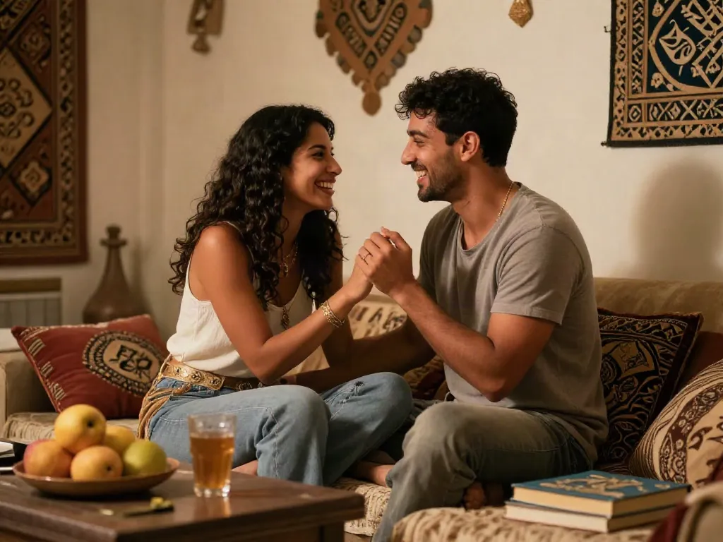 زوجان مصريان يستمتعان بلحظات حميمية بجو دافئ في غرفة معيشة مريحة، مع أجواء رومانسية.