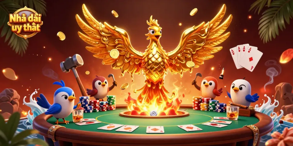 Engage with Nhà cái uy tín by winning at poker with golden phoenix illustration in a vibrant casino scene.
