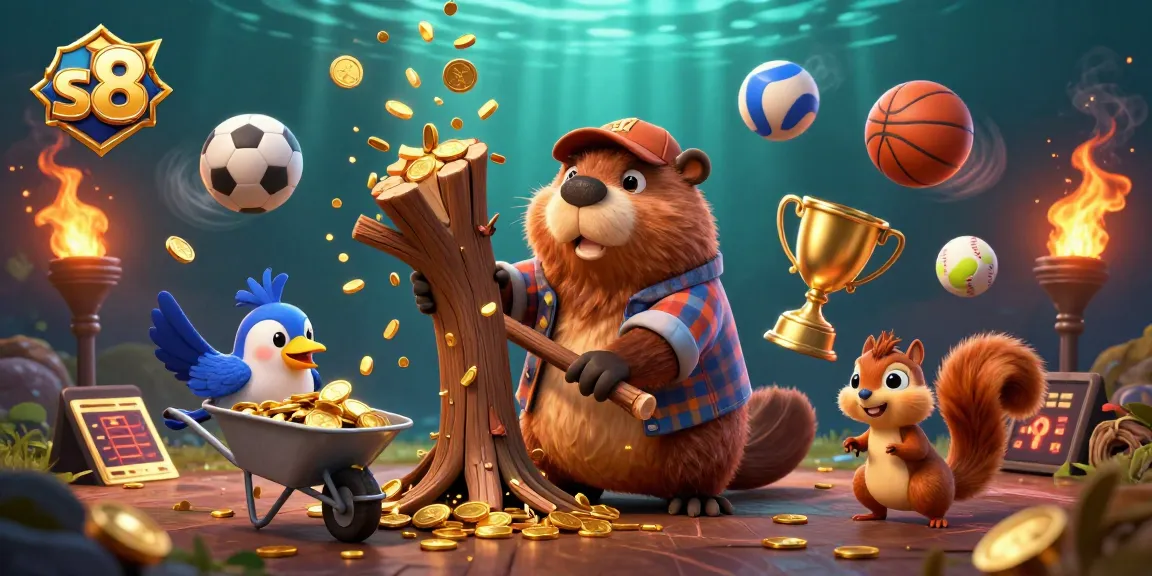 Win with s8 as a cartoon lumberjack beaver chops gold coin trees in an engaging casino scene.