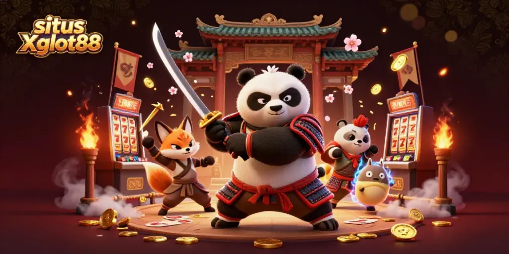 Permainan slot yang menarik di situs Xgslot88 dengan panda samurai dan rubah ninja.