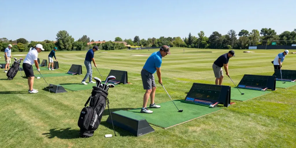 Budget Golf Launch Monitors in use by golfers on a driving range, tracking shots and improving skills.