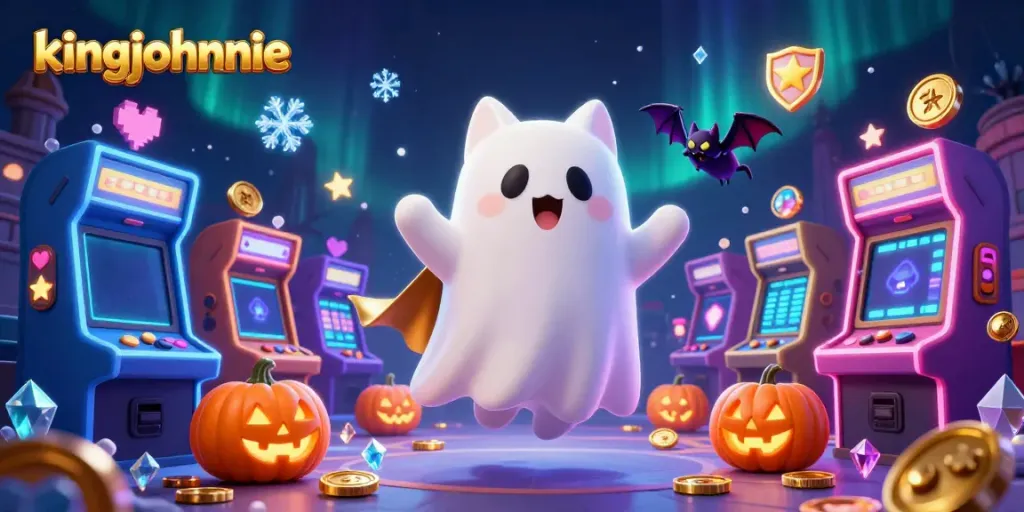 An optimized scene featuring the ghost cat and vampire bat in a haunted casino, representing the kingjohnnie online gaming experience.
