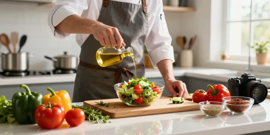 Menyiapkan hidangan sehat dengan minyak berkualitas dari https://merdeka123.info/ di dapur modern.