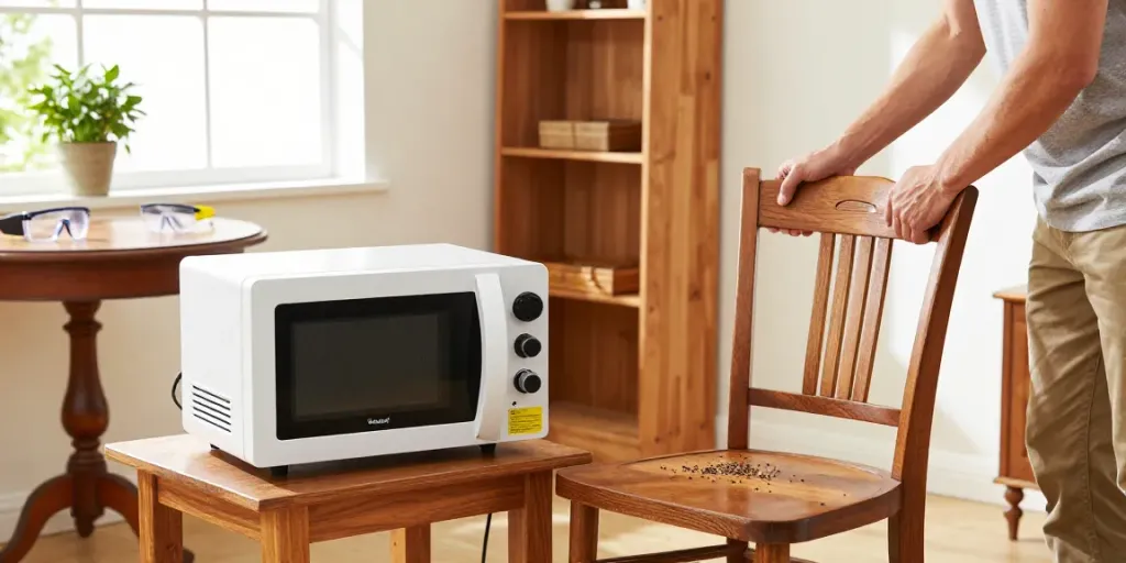 Shashel® microwave device eliminating wood-boring insects in a cozy home setting.