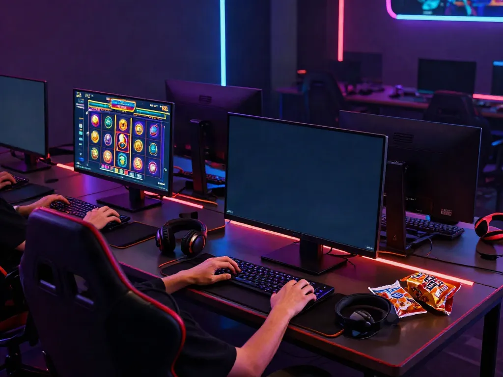 Player engaging with vibrant link slot777 online games on a modern gaming setup, showcasing slot symbols and immersive interface.