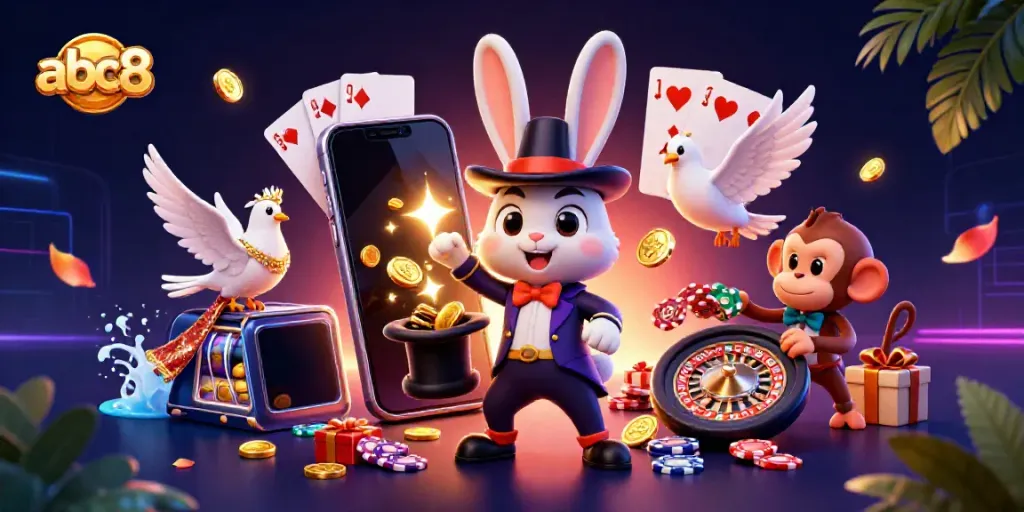 Experience abc8's thrilling magic of casino games with a vibrant illustration featuring a magician, dove, and monkey.