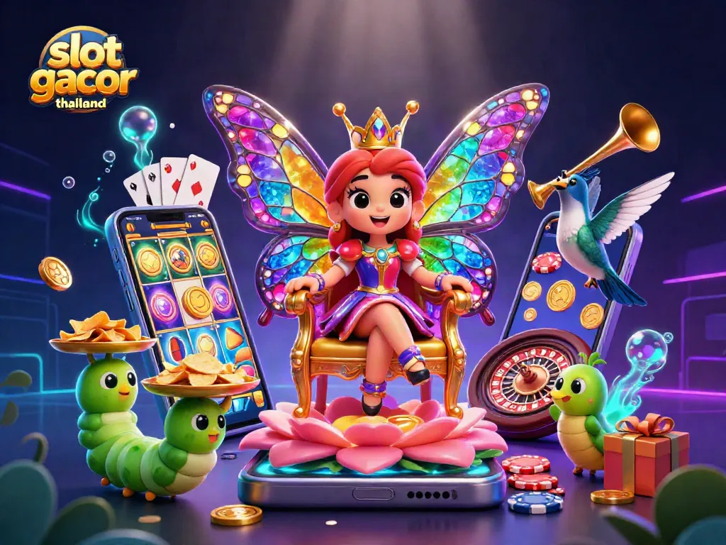 Engage with slot gacor thailand through this vibrant 3D scene featuring colorful slot games and casino elements.