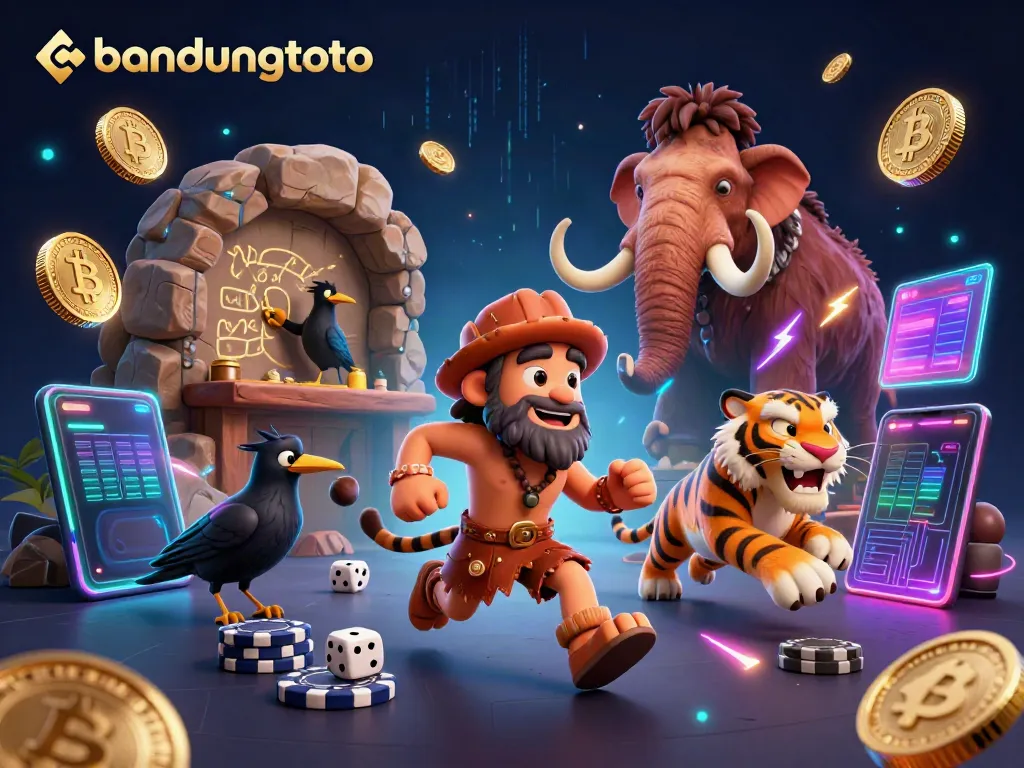 Engage with the exciting bandungtoto atmosphere of a prehistoric casino featuring unique characters and digital elements.