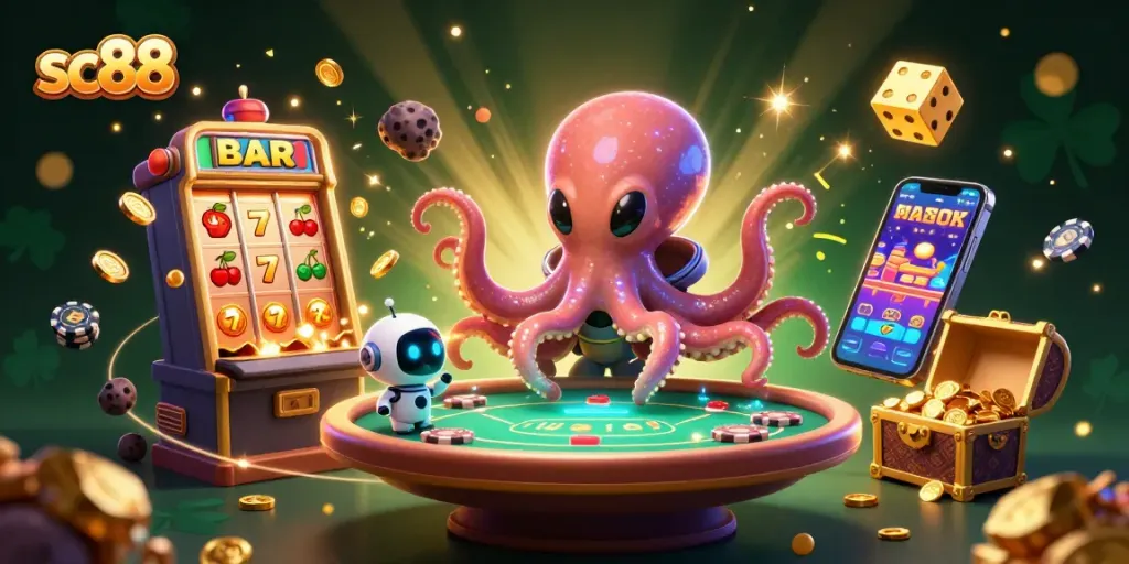 Experience thrilling sc88 adventures at a glowing holographic poker table with an alien octopus!