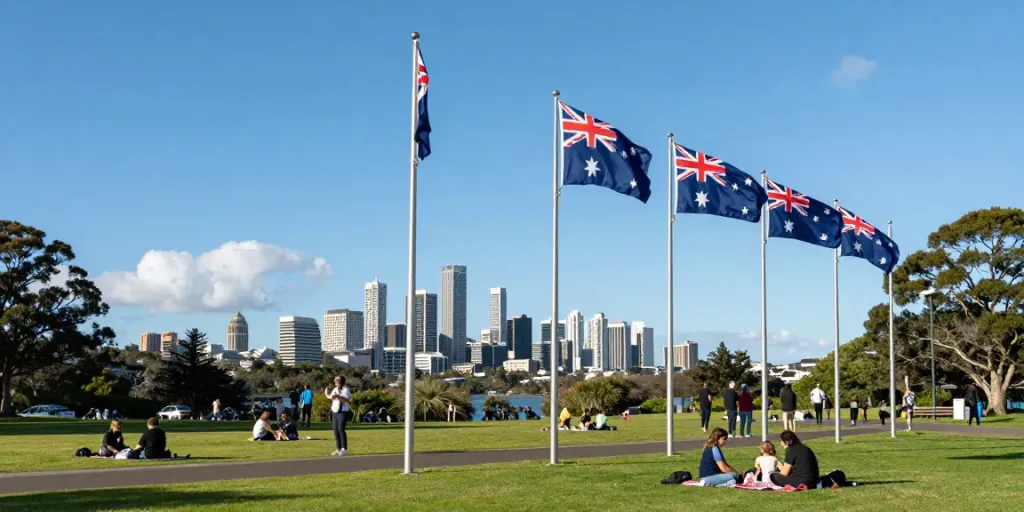 Vibrant flagpoles Australia with Australian flags in a coastal park.