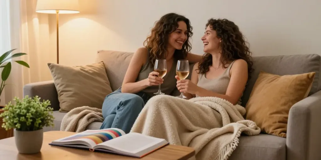 Intimate moment of two women enjoying lesbian porn culture, cozy setting with laughter and wine